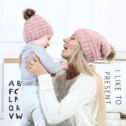 Зимняя новая Шапка-бини для мамы и ребенка, кепка вязаная шапка для родителя и ребенка, вязаная однотонная хлопковая смесь, теплая