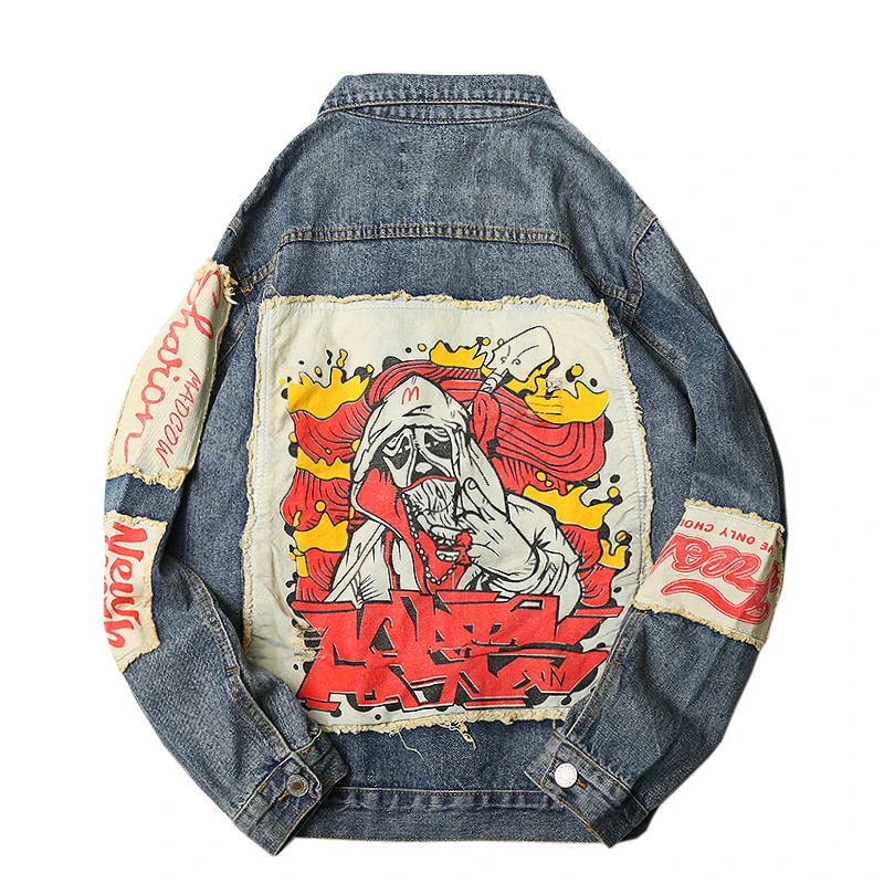 

2019 Autumn Street Hip hop Tide Brand Denim Jacket Men demon Patch Designs Graffiti print Japanese jacket Student Loose Coat