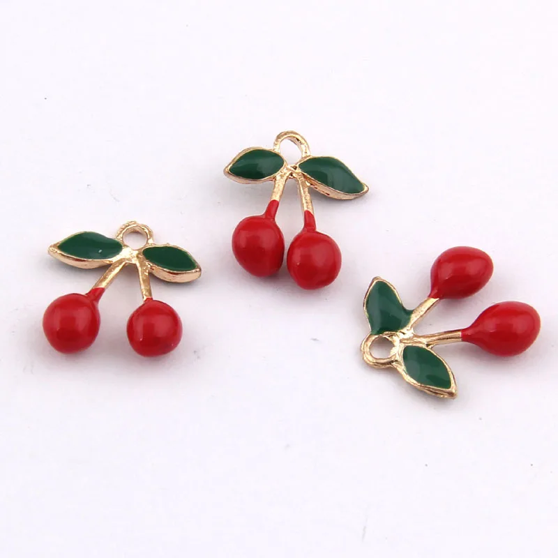 Daisies 100pcs 17*13mm Golden Fruit Enamel Red Cherry Charms Pendant