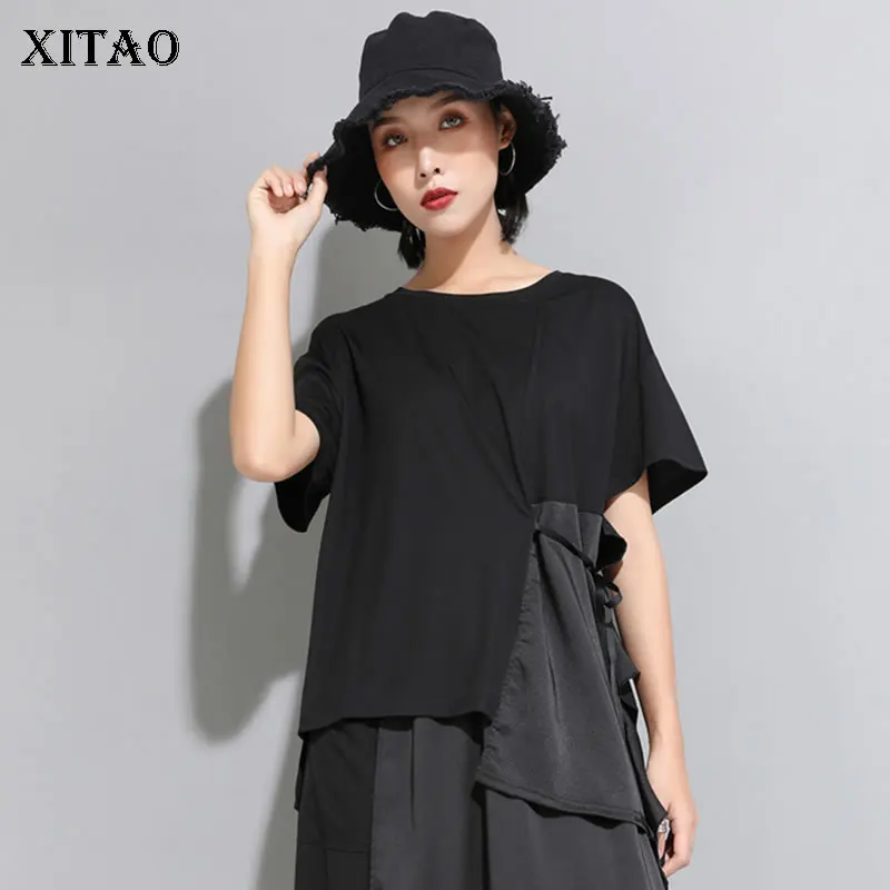 

XITAO Waist Irregular T Shirt Women Clothes 2019 O Neck Pullover Drawstring Wild Joker Patchwork Casual Korea Fashion WLD1396