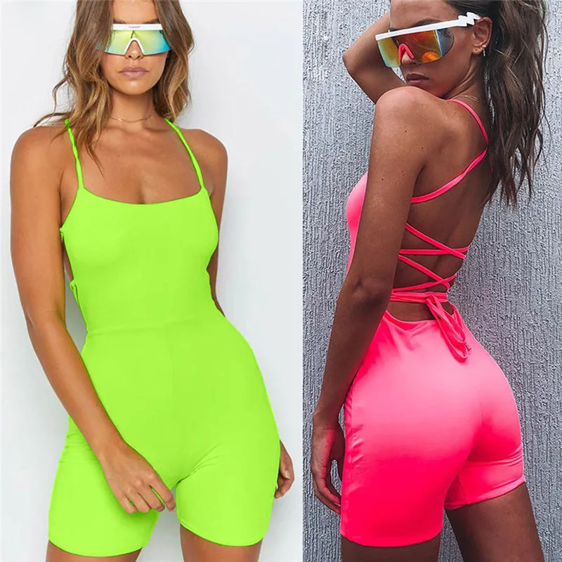 

Women Sexy Off Shoulder Lace-up Romper Jumpsuit Biker Shorts Bodycon Strappy Playsuit Clubwear Backless Hollow Out Jumpsuit Hot