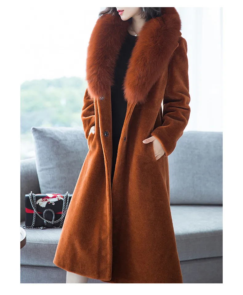 Sale AYUNSUE Women Winter Sheep Shearling Fur Coat Large Natural Fox Fur Collar Long Warm Real Fur Coats Genuine Wool Jackets 17030 5