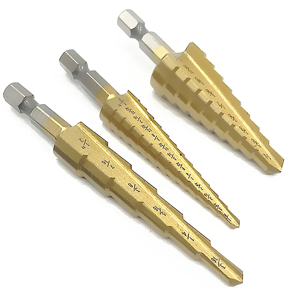 3pc Titanium Hss Step Drill Bit Set 3/16 1/2'' (6 Steps) 1/4 3/4''(9