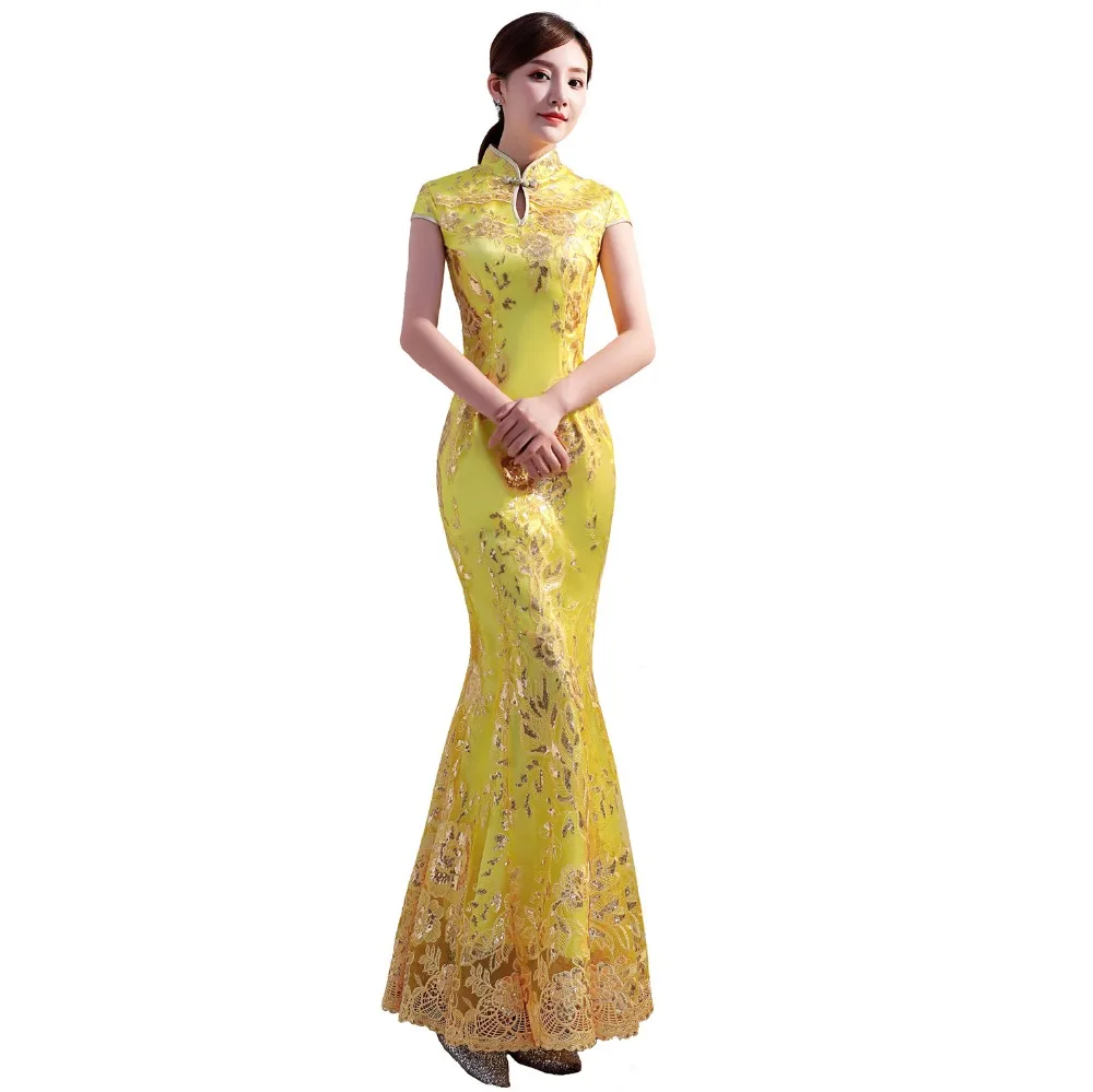 

Shanghai Story Gold chinese traditional dress Floral Sequins Long mermaid Qipao Short Sleeve Lace cheongsam dress Oriental Dress