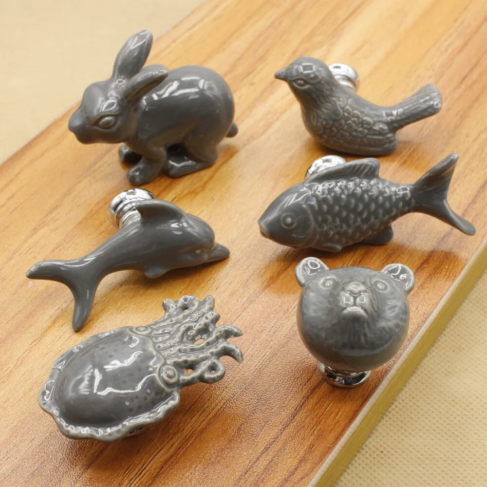 

1pc Cute Cartoon porcelain drawer Knobs and Handles For Kid Rooms Cabinet Door Knob Cupboard Drawer Wardrobe Pull in Grey Color