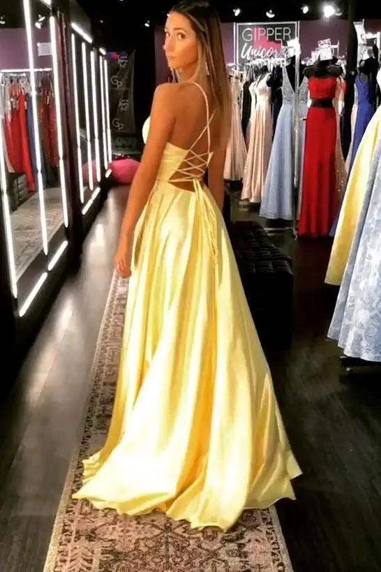 Sexy Slit V Neck Satin Yellow Evening Dresses Long 2019 A Line Cris-cross Back Prom Dresses Formal Party Gown Robe de soiree