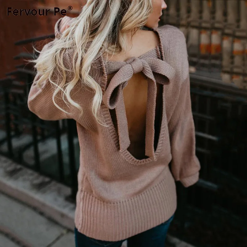 

2019 New Autumn winter women sexy sweater Backless bow tie back Knitted shirts MY19012