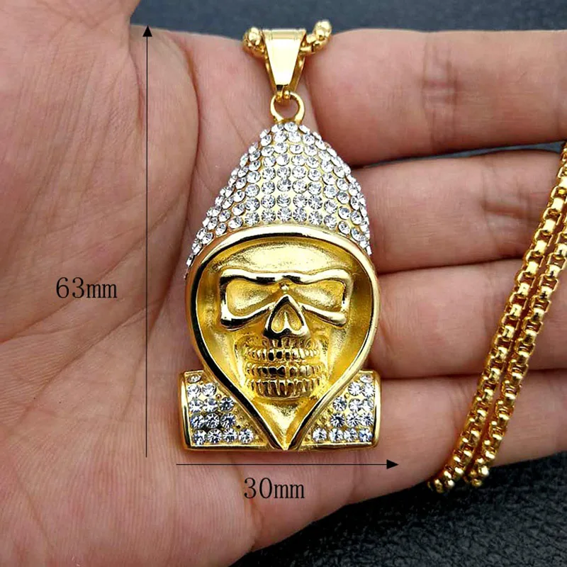 Хип-хоп рэпер стиль скелет подвески из черепа ожерелья золотистого цвета 316L нержавеющая сталь Bling Iced Out мужские ювелирные изделия