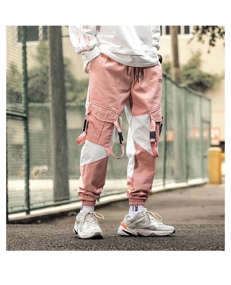 Una Reta Man Pants New Fashion Streetwear Joggers Hip Hop Trousers Men casual Elastic Waist Buckle design Pink Cargo Pants Men