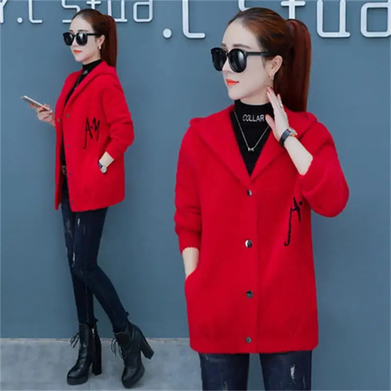 Осенняя и зимняя новая женская модная Свободная трикотажная куртка с капюшоном