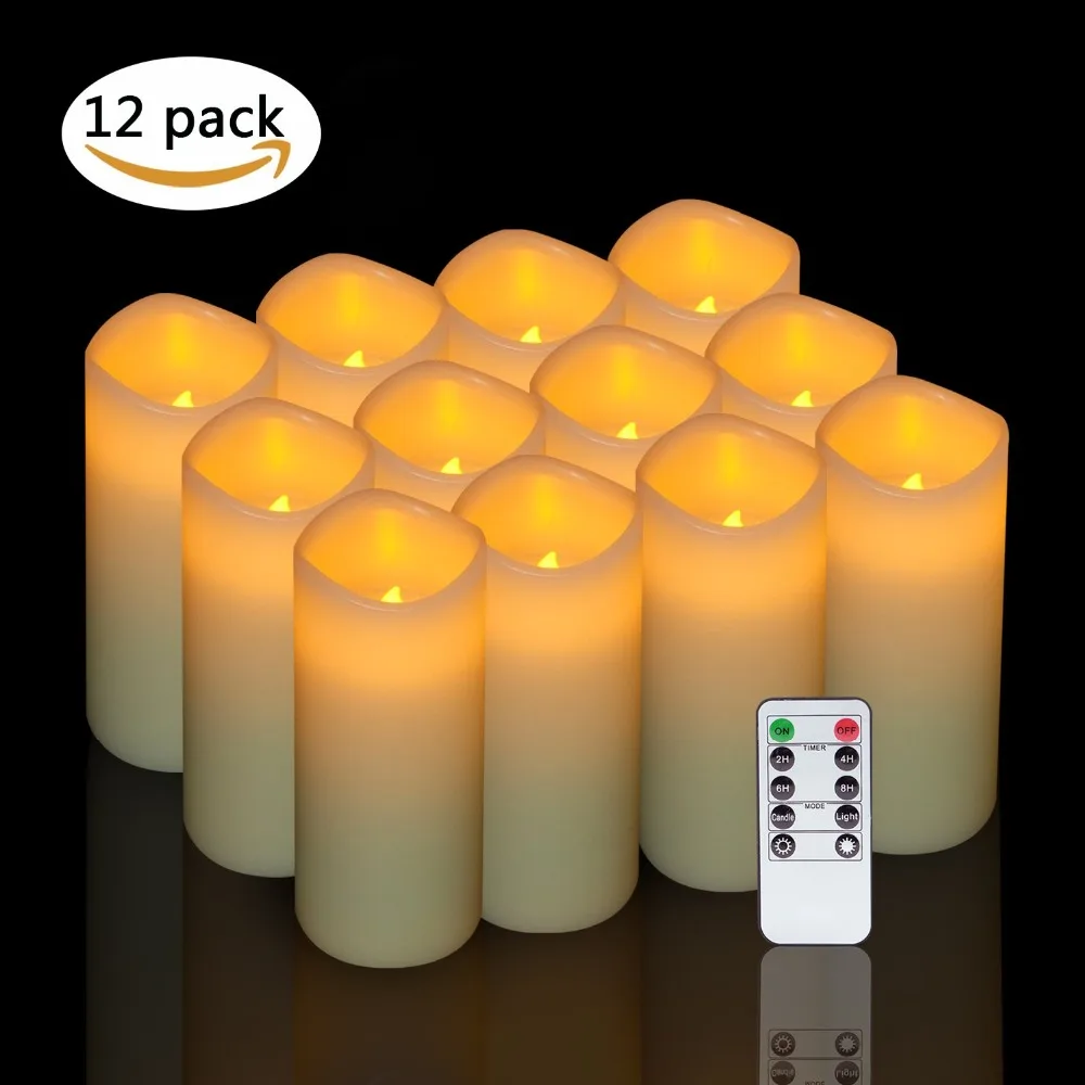 Flameless Candles Set Of 5 Pillar Ivory Flickering Flame LED Timer Remote Wax