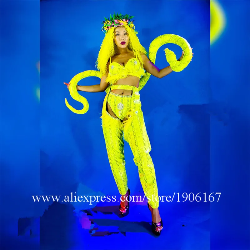 Nightclub GOGO female models sexy fluorescent gold python skin pattern costumes female singer costumes0