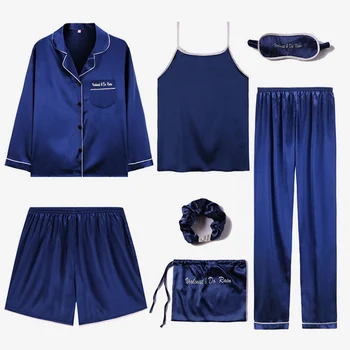

Women's Satin Homewear 7 Pieces Pajamas Sets Sexy Loose Soft Sleeping Suits 2019 Fashion New Solid Silk Elegant Lady Nightgown