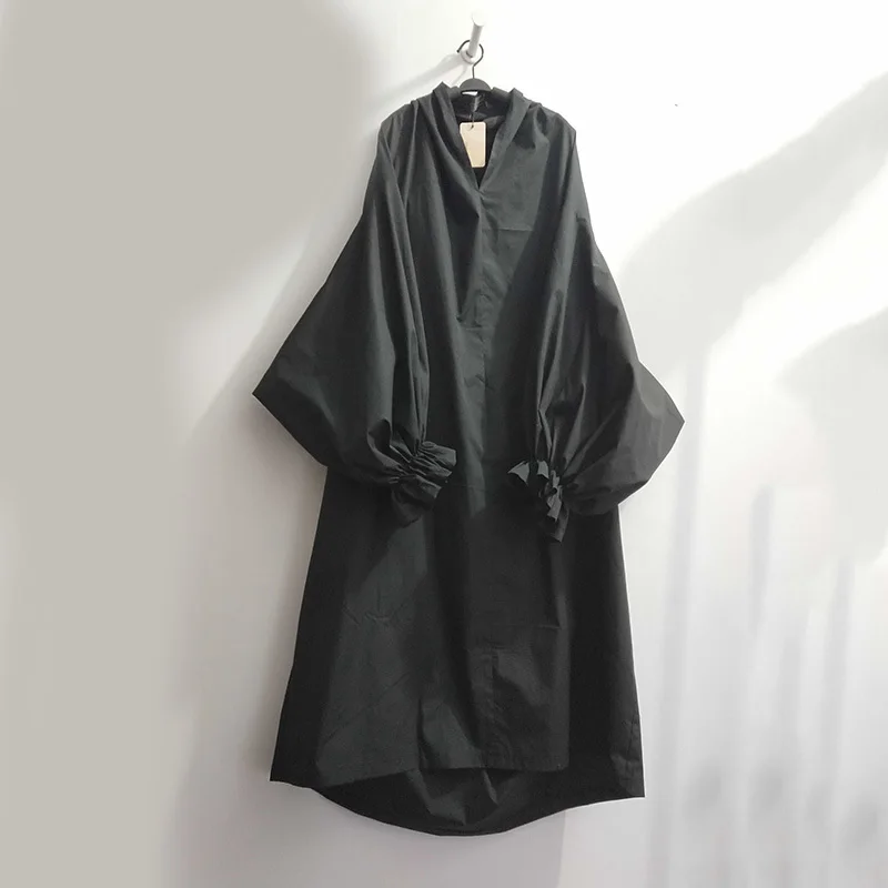 [EAM] весенне-летнее женское стильное новое черное Плиссированное длинное платье с пышными рукавами и v-образным вырезом, Длинное свободное драпированное платье большого размера LG029 - Цвет: black