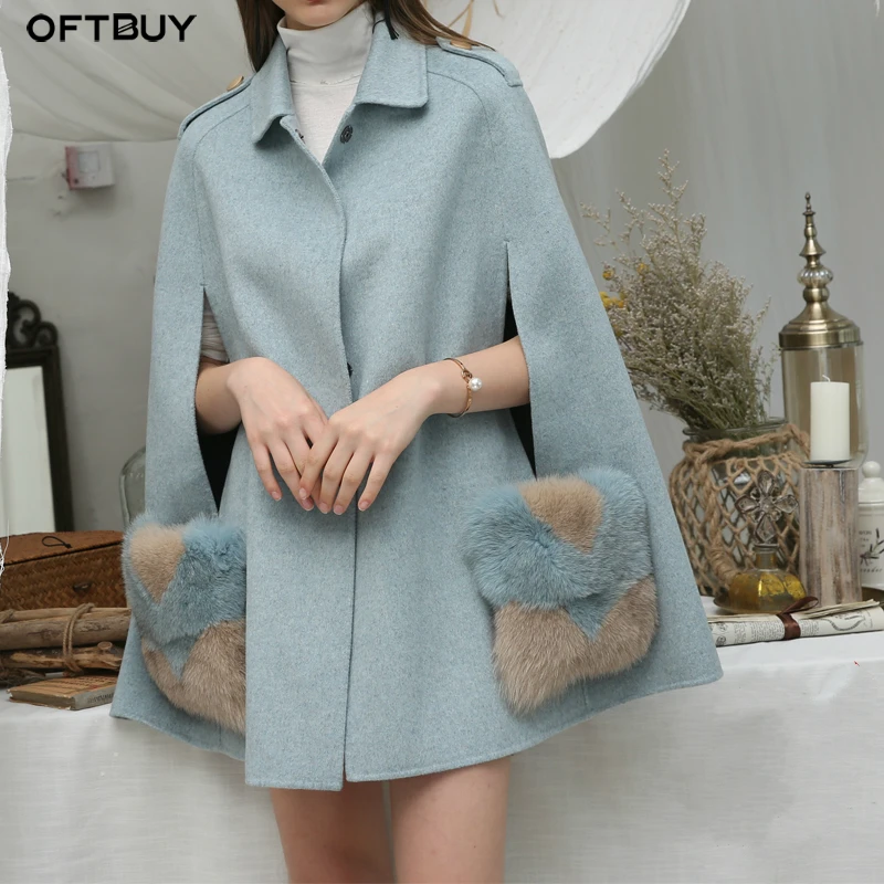 

OFTBUY 2019 Real Fur Coat Winter Jacket Women Wool Loose Coat Natural Fox Fur Pocket Wool Cloak Sleeveless OverCoat Streetwear