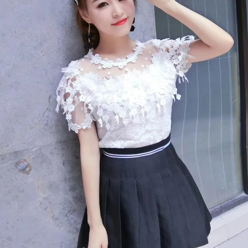 2018 New Summer Autumn Women Lace Blouse Sweet Floral Hollow Out Lace Shirt Female Backless Mesh Blouses Blusas Short Tops AB929 4