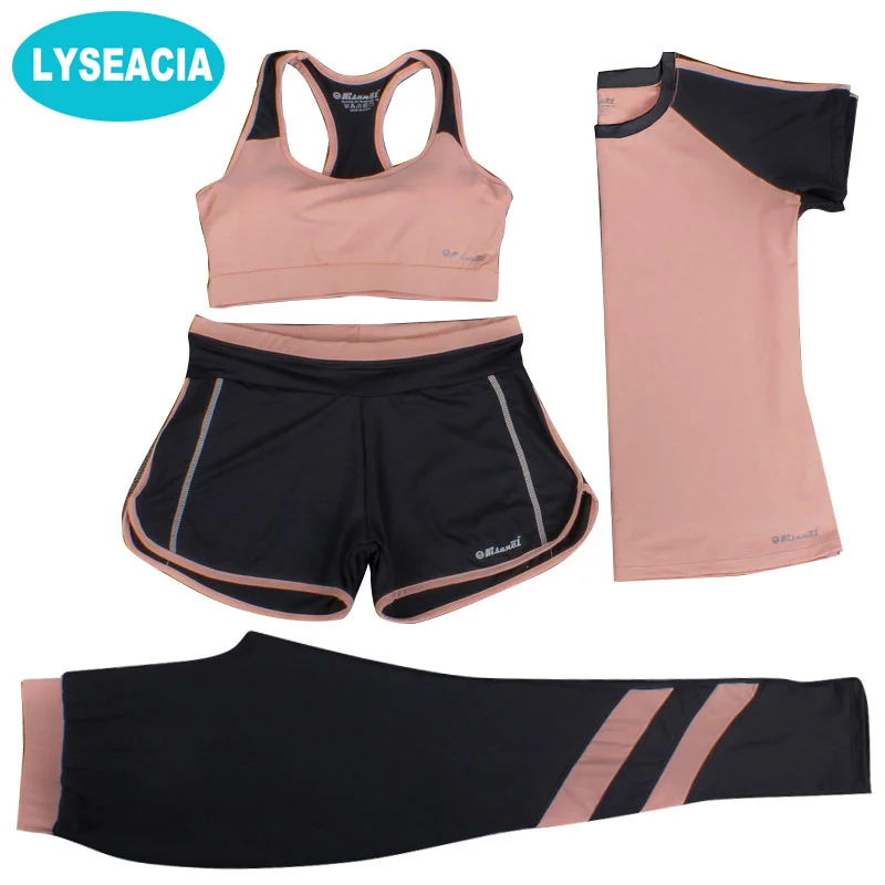 

LYSEACIA M-3XL New Sports Suit Women Yoga Set Fitness Suit Sports Bra T-shirt Shorts Sports Pants 4 IN 1 Sportswears Breathable