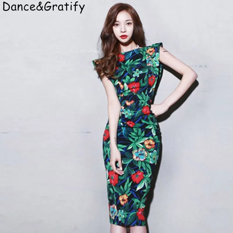 

2019 New Summer Women Vintage Print Flowers Office Work Dress Sleeveless Backless Slim Bodycon Sheath Party Dresses
