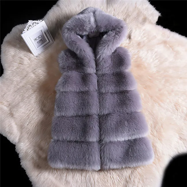 Длинное пальто из искусственного меха, Зимняя женская Повседневная Толстовка, толстая теплая тонкая жилетка без рукавов из лисьего меха, зимняя куртка, верхняя одежда, casaco feminino - Цвет: Темно-серый