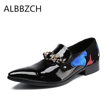 

Spring summer new printing patent leather men shoes fashion buckle patchwork mens loafers pointed toe casual party dress shoes