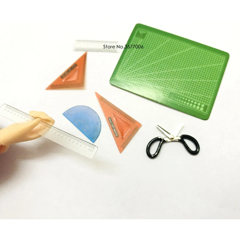 6pcs//set 1:12 Scale Dollhouse Miniature Cutting Mat Scissor Ruler Accessories KP