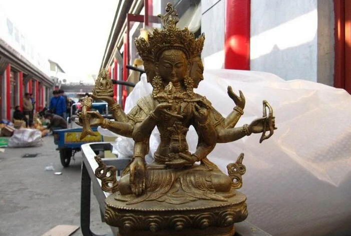 

150624 S1834 Tibet Old Copper Hild gild 6 arms bronze statue