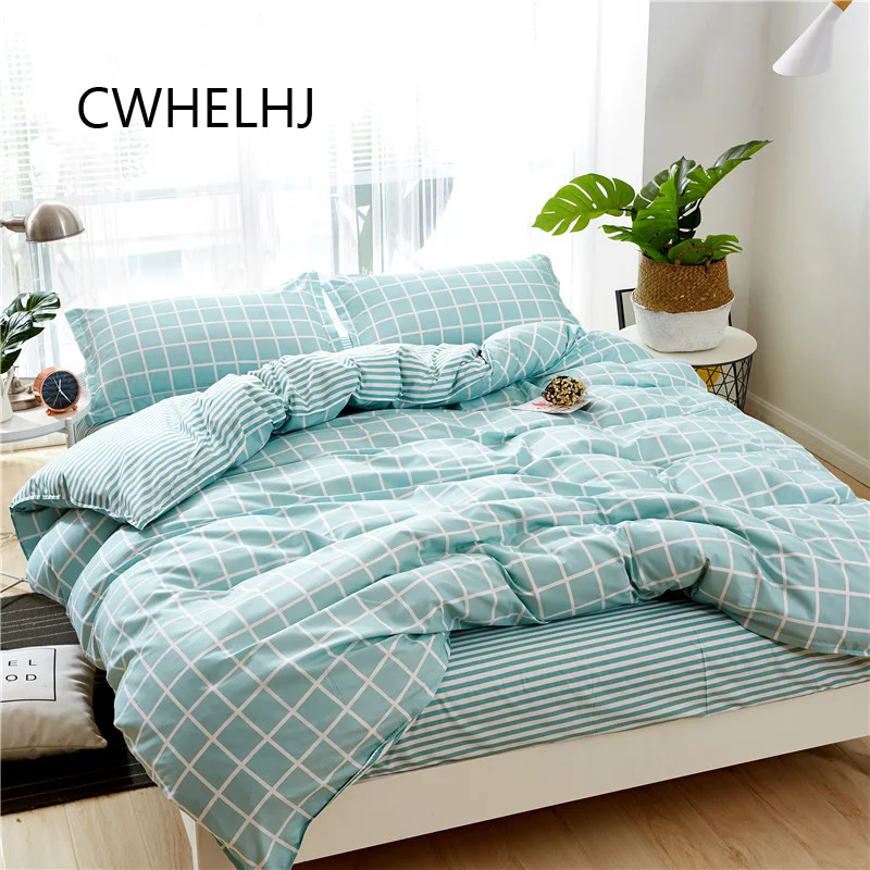 

3/4Pcs Simple Stripe Plaid Bedding Set Green Polyester Women/Girls Room Textiles Bed Sheet /Duvet Cover/Pillowcases beddingsets