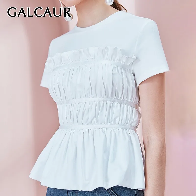 

GALCAUR Elegant Chiffon Patchwork T-shirt For Women O Neck Short Sleeve Ruffles Ruched Tunic T-shirts Female Fashion Summer 2019