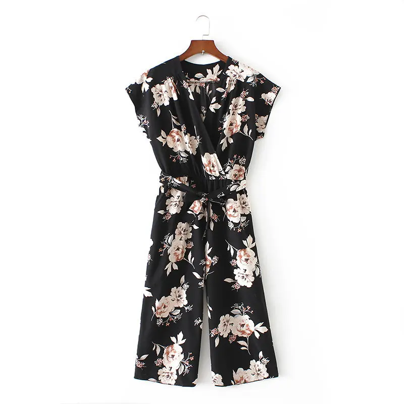 Female vintage V neck floral overalls loose pants Belt Pleated with