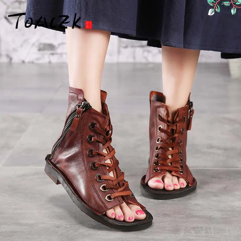 

Spring new retro high-top sandals female side zipper leather personality with low heel shoes comfortable sandals