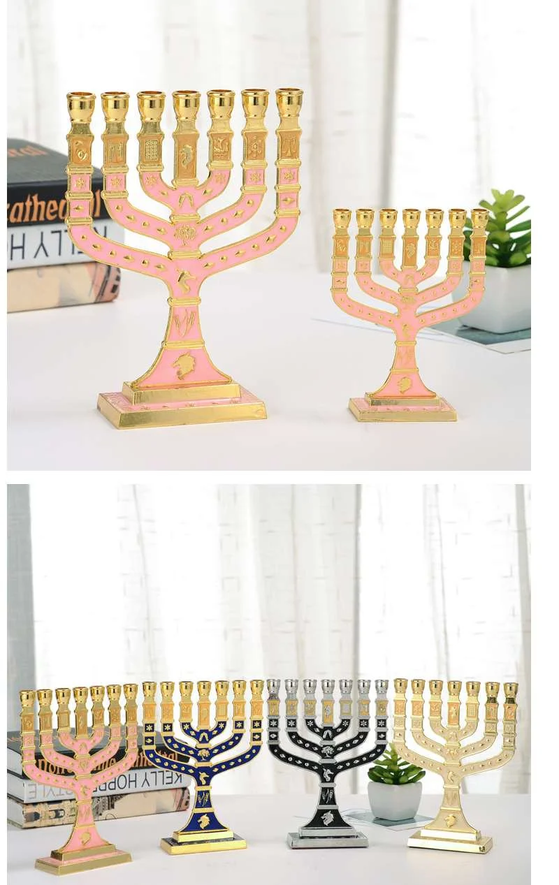 Синяя эмаль Menorah позолоченный 7 веток племен Израиля, джерузама