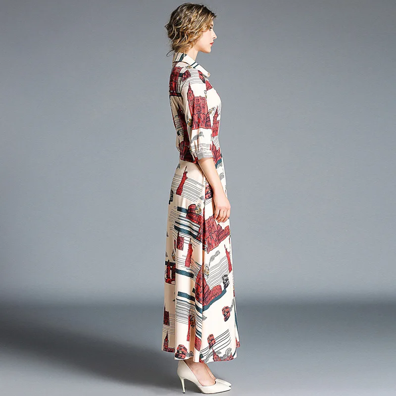 Czgee 2018 High Quality Autumn Dress Designer Women Three Quarter Sleeve Printing Turn Down Collar Slim Vintage Dress Vestido Dresses