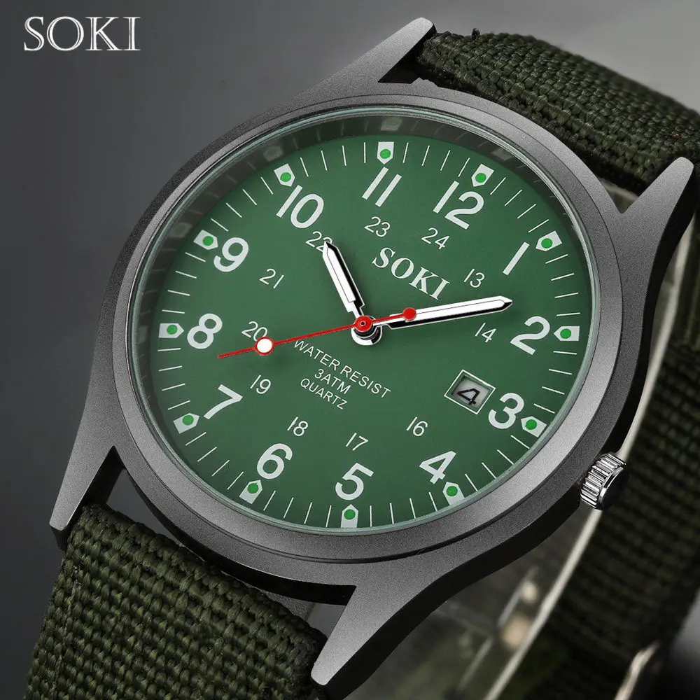 

SOKI Fashion Sport Outdoor Men's Date Quartz Analog WristWatch Military Sports Nylon Strap Unisex Army Style Watch Homme Relojo