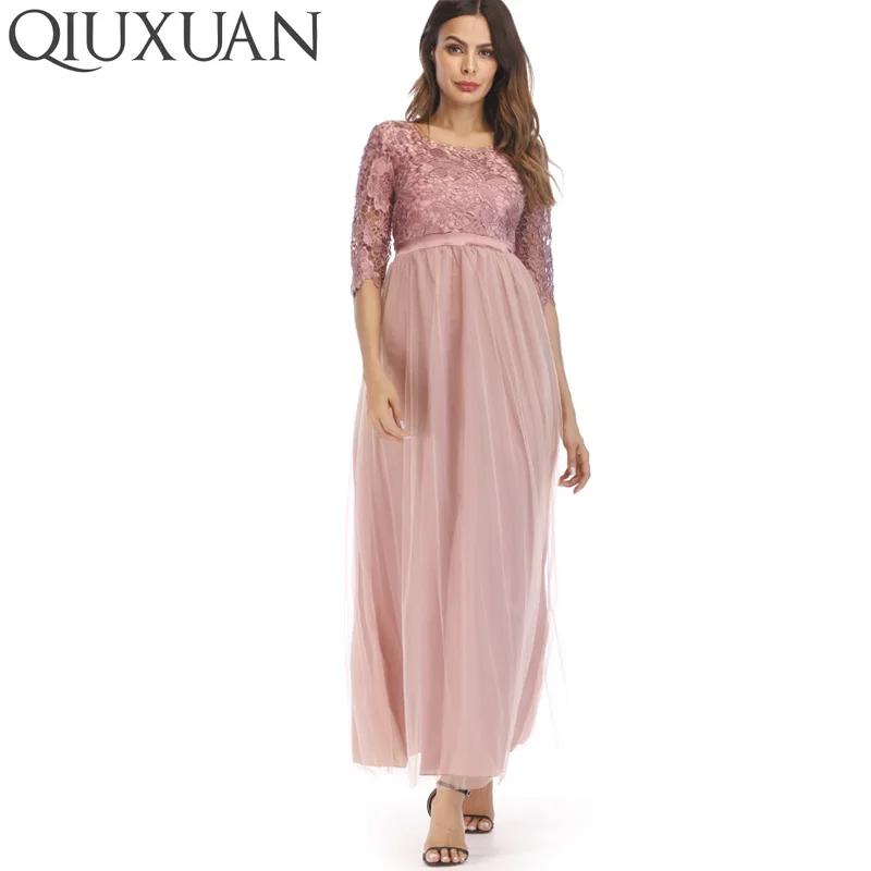 

QIUXUAN Plus Size S-3XL Jacquard Lace Top High Waist Maxi Dress Fashion Swing Dress Women Fit and Flare Dress Party Dress
