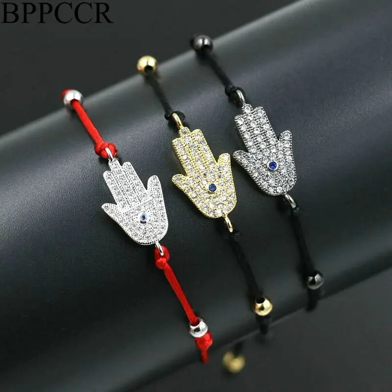 

BPPCCR Brand Crystal Zircon Men Women Bracelets Gold Color Hamsa Hand Lucky Red Rope String Thread Pulseira Masculina Lovers