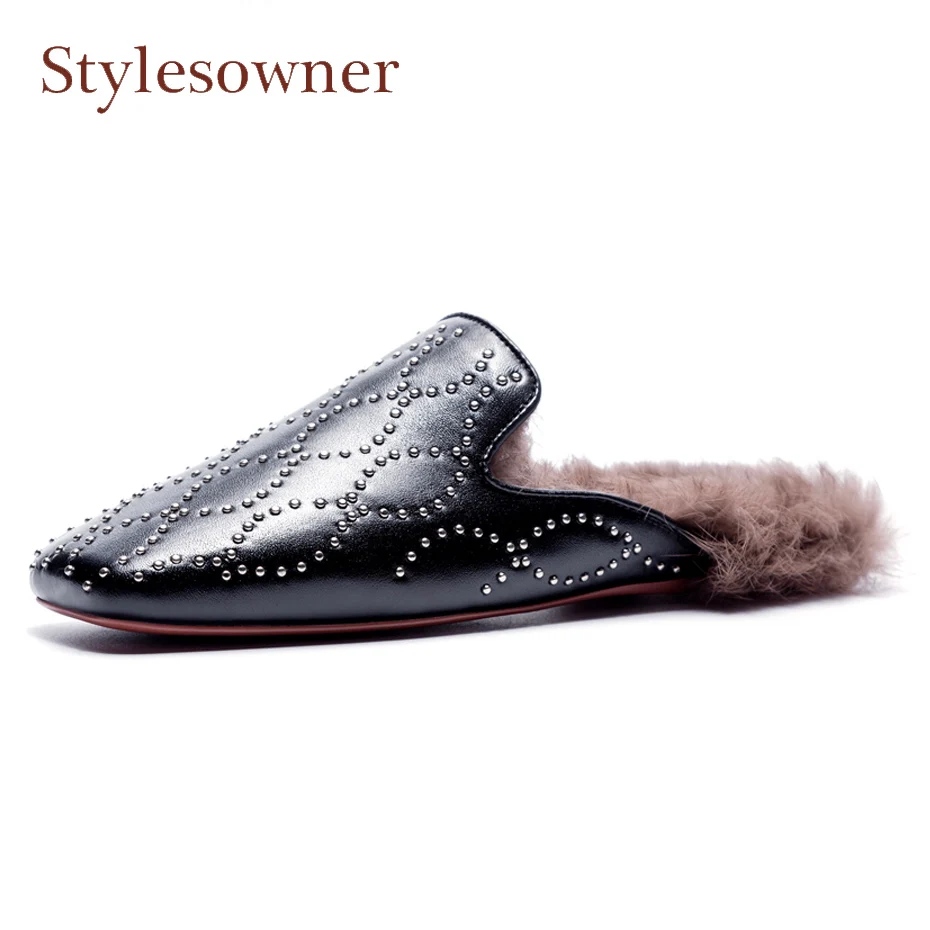 

Stylesowner new fashion women real fur slippers genuine leather with rivet baotou mules shoes square toe flat with half slippers