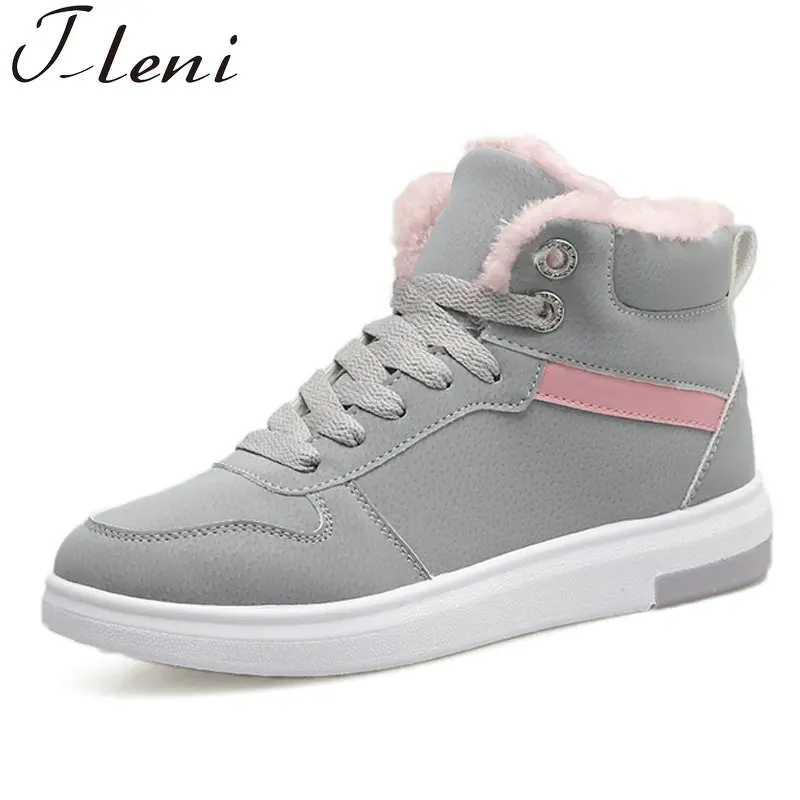 

Tleni 2018 New Outdoor Top Sneakers Lace-up High Style Sports Boots Running Shoes Women Furry Winter Running Sneakers Grey ZF-20
