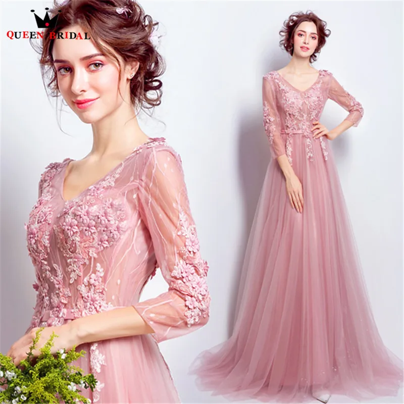 

QUEEN BRIDAL Evening Dresses 3 4 Sleeve Lace Beading Pink Long Formal Bride Party Dress Evening Gown 2018 Vestido De Festa JW49