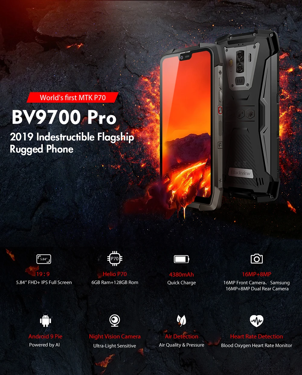 Blackview BV9700 Pro IP68/IP69K прочный мобильный Helio P70 Восьмиядерный 6 ГБ ОЗУ 128 Гб ПЗУ 5,8" ips Android 9,0 смартфон 4G Face ID