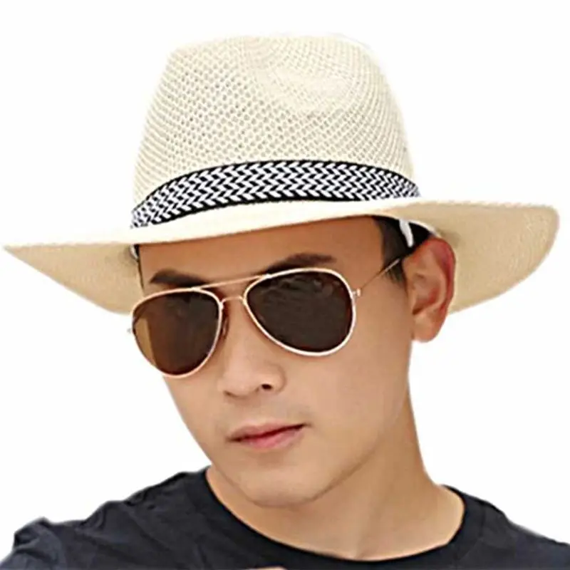 

Men Unisex Summer Beach Straw Sun Hat Ethnic Vintage Extra Large Wide Brim Jazz Bucket Cap Hollow Out Twill Knitted Ribbon Beach