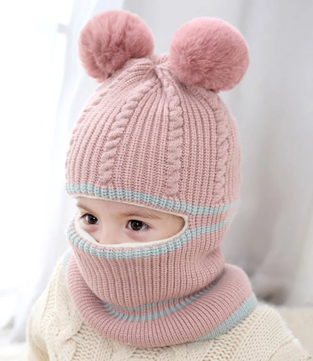 Модные шапки для новорожденных, вязаные теплые шапки с помпонами, Круглая Шапка, защищающая шапка с ушками, детская зимняя шапка s+ наборы с шарфом 1n28 - Цвет: PK