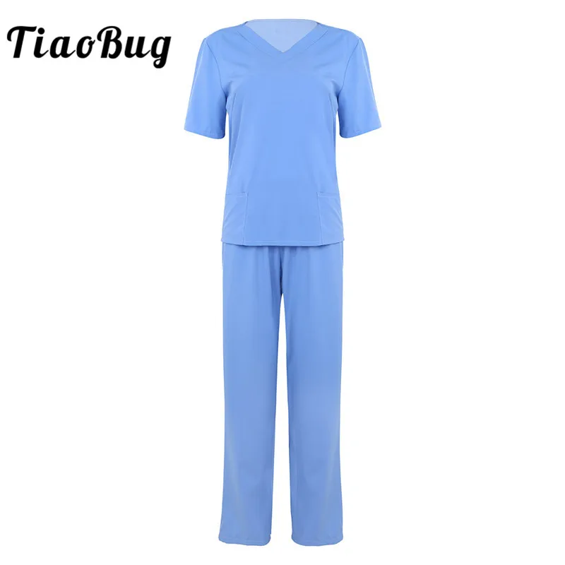 

TiaoBug Unisex Adult Hospital Doctor Nurse Scrubs Uniform Suits Short Sleeves Tops with Long Pants Medical Service Costume Set