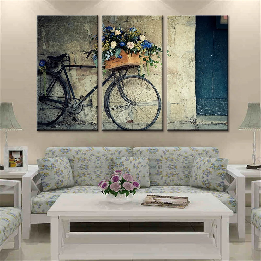 

No Frame 3 Pieces Decorative Spray Painting Bike Flowers Nordic Posters and Prints Canvas Wall Art Picture for Living Room Decor