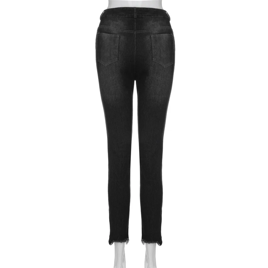 Для женщин Высота талией Узкие рваные узкие джинсы из денима, тянущиеся узкие штаны до середины икры Длина джинсы Z402