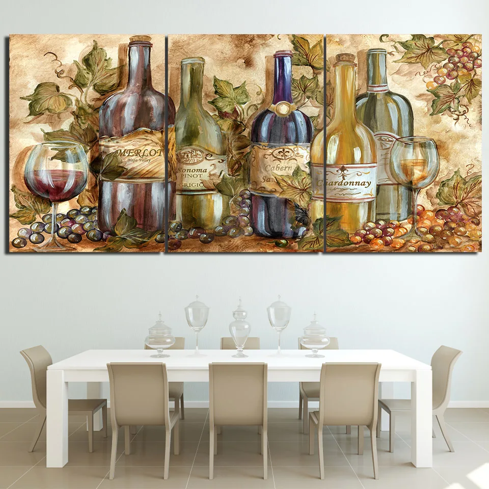 3 Pieces Bottle Wine Glass Abstract Painting Canvas Wall Art Poster For Living Room HD Printed