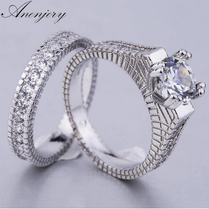 

Anenjery 925 Sterling Silver 2 Rings For Women Men Dazzling CZ Mosaic Zircon Engagement Rings Set Fashion Jewelry S-R256