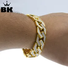 Стиль, Пескоструйный браслет, кубинская цепочка, хип-хоп золотой тон, тяжелый 15 мм широкий мужской браслет 8,5 дюйма