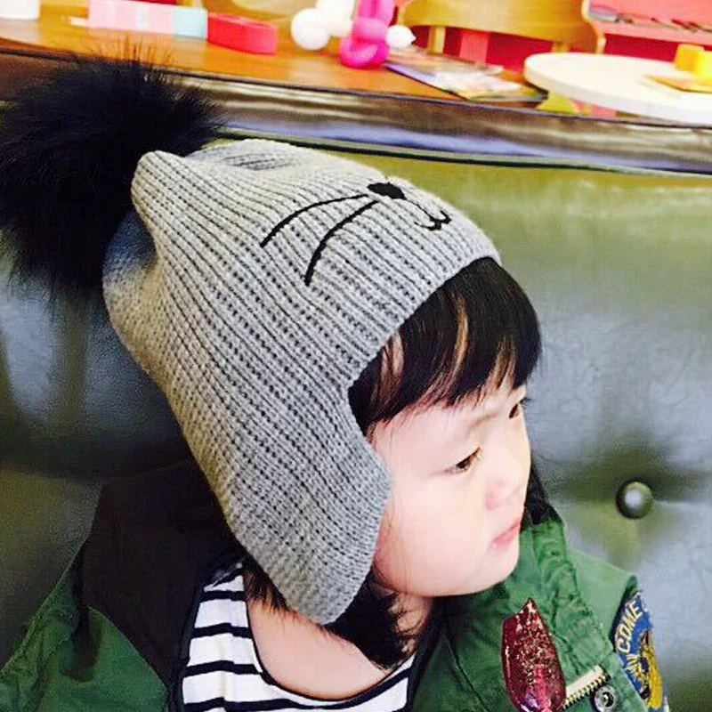 

Boys Girls Cap Knitted Cat Hat Hip Hop Skullies & Beanies Lovely Cat Beanies with pompoms Earmuff Winter Cap Unisex Gorro