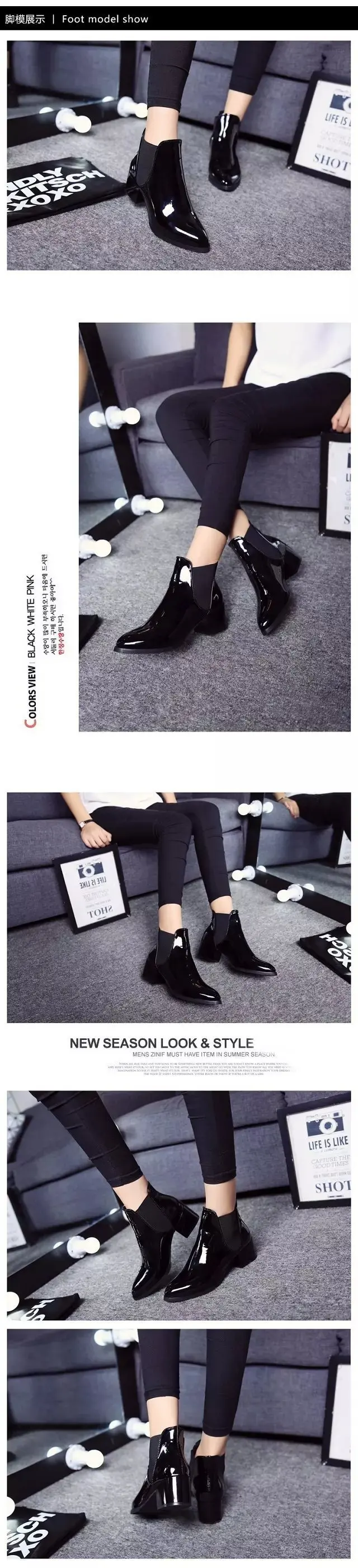 New Arrival Fashion Shoes Women Boots Elasticated Patent Leather Ankle Boots Pointed Low Heel Boots Female Sexy Shoes