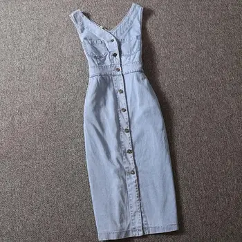 

Women Vintage v-neck Elegant Slim singel breasted Sleeveless spaghetti strap High Waist pencil dress